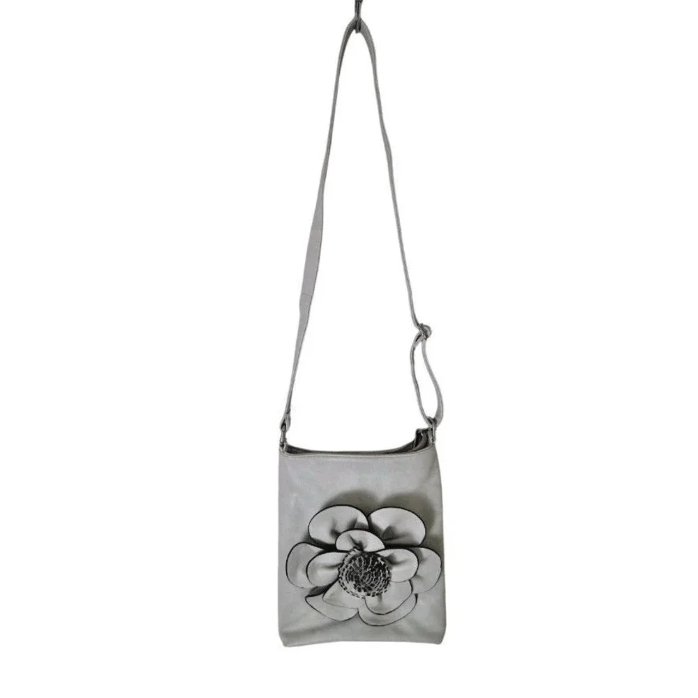 Boutique To U Crossbody Bag Lt Gray Flower Accent Adjustable Strap Fabric Inside